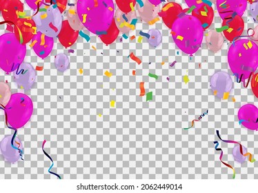 Globos coloridos de color rosa y rojo con banderas triangulares de partidos, confeti y tiras de papel Colocar para tu texto. Diseño