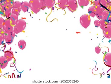 Colorful balloons pink with triangular party flags, confetti and paper streamers Place for your text. Design