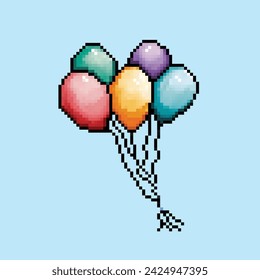 Colorful balloons. Pixel bit retro game styled vector illustration drawing. Simple flat cartoon drawing isolated on square blue background.
