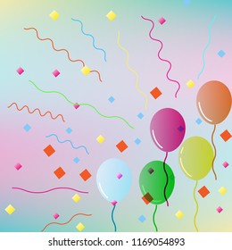 colorful balloons and ribbons celebration party on rainbow pastel background