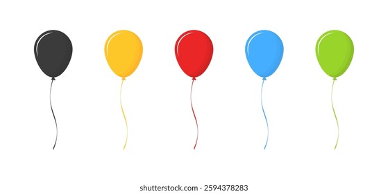 Colorful balloons row: black, yellow, red, blue, green on white background. Vector icon