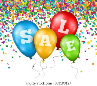 Colorful Balloons with Sale letters on Holiday Confetti Background. Vector Illustration. Grand Opening Advertisement, Concept of Discount.