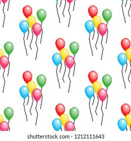 Colorful balloons seamless pattern. 8 bit balloon design for banner. Pixel art vector.