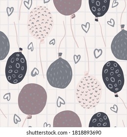 Colorful balloons seamless pattern with heart outline details. Light chequered background. Perfect for wallpaper, textile, wrapping paper, fabric print. Vector illustration.