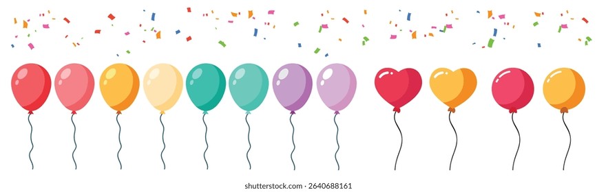 Colorful Balloons Set Cluster Vector Illustration for Celebratory Events and Festivities, collection of colorful Round, Oval and Heart Shape party balloons with confetti
