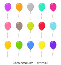 Colorful Balloons set in flat style carnival happy surprise helium string. Air balloon isolated on white background. Balloons set different colors group for birthday party anniversary celebration.