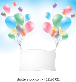 Colorful balloons with sign on blue sky background.