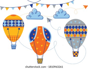
colorful balloons in the sky, clouds and paper plane