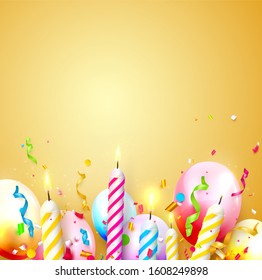 Colorful balloons and sparkling candles on orange background. Birthday, anniversary or celebration template.