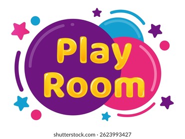 Colorful balloons and stars surround a vibrant Play Room sign, creating a cheerful atmosphere perfect for children's entertainment and games