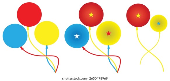 Colorful Balloons with Stars and Twisted Strings on White Background.
