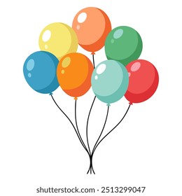 Colorful balloons tied on a string against a clean, white background