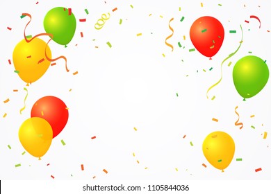 Colorful Balloons and Tiny Confetti Isolated On White Background. Congratulations & Celebration. Vector