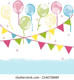colorful balloons and the triangular flag at the party