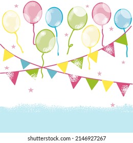 colorful balloons and the triangular flag at the party