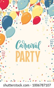 Colorful balloons with triangular party flags, confetti and paper streamers. Vector illustration. Carnival lettering. Place for your text. Design for poster, invitation, card, banner, flyer