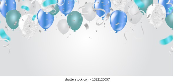 Colorful balloons with triangular party flags, confetti and  Vector illustration. Carnival lettering. Place for your text. Design for invitation, poster, card, banne