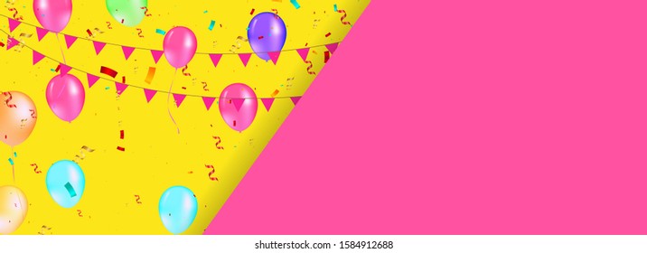 Colorful balloons with triangular party flags, confetti and paper streamers. Vector illustration. Carnival lettering. Place for your text. Design for invitation, poster, card, banner, flyer