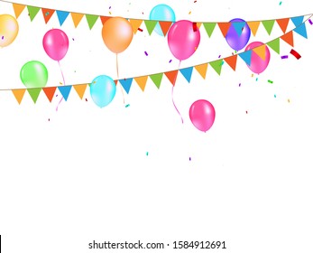 Colorful balloons with triangular party flags, confetti and paper streamers. Vector illustration. Carnival lettering. Place for your text. Design for invitation, poster, card, banner, flyer