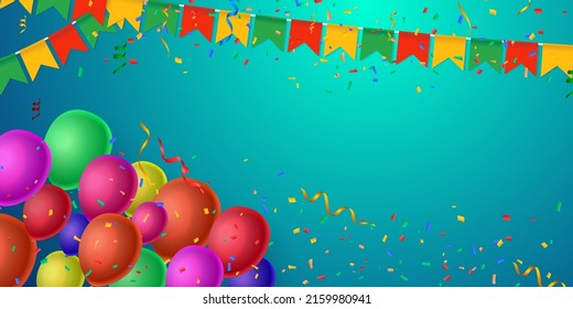 Farbige Ballons mit Dreiecksflaggen, Konfetti und Papier. Feiern Sie Banner. Farbige Partyflaggen und bunte Ballons mit Konfetti auf grünem Hintergrund. Vektorgrafik.