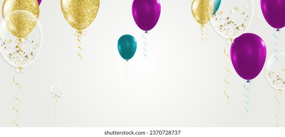 Colorful balloons with triangular party flags, confetti and Vector illustration. Carnival lettering. Place for your text. Design for invitation,