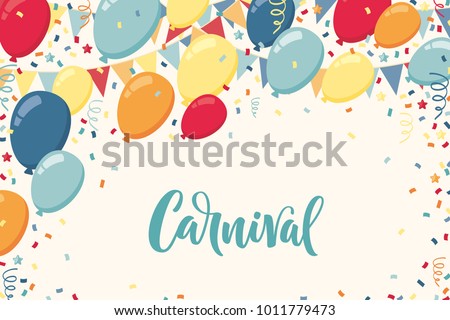 Colorful balloons with triangular party flags, confetti and paper streamers. Vector illustration. Carnival lettering. Place for your text. Design for invitation, poster, card, banner, flyer