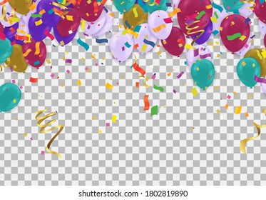 Globos coloridos con uso para presentar la etiqueta de sección Descuentos VENTA y banner de fiesta de celebración