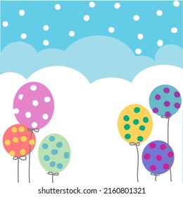 Colorful balloons, various patterns, blue cloud background