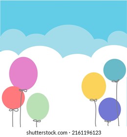 Colorful balloons, various patterns, blue cloud background
