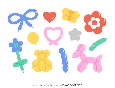 Colorful balloons in various shapes for party and celebrations. Balloon Art illustration set. Cartoon style flat vector clipart.