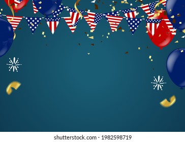 colorful balloons, vector illustration. Confetti and flag ribbons, Celebration background template with.