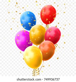 Colorful balloons vector on transparent background. Glossy realistic yellow, red, blue and orange glossy baloon with golden star confetti for Birthday party or balloon greeting card design element.
