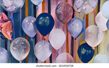 Colorful balloons. Watercolor painting isolated on beautiful background.