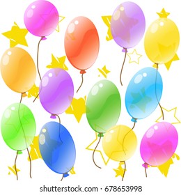 colorful balloons and yellow stars on white background
