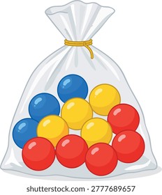Colorful balls inside a transparent plastic bag, vibrant toy collection concept, red blue yellow and green spheres, isolated on white background, playful educational illustration, clean vector style design.