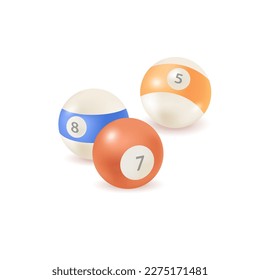 Colorful balls with numbers for playing billiard 3D illustration. Cartoon drawing of equipment or objects for game players in 3D style on white background. Sports, entertainment, hobby concept