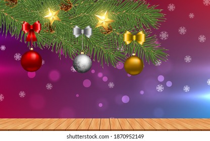 colorful balls on the christmas tree on the wooden table with colorful bokeh light background