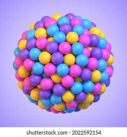 Colorful balls in shape of sphere. Many multicolored toy balls arranged in sphere shape on purple background. Realistic vector background