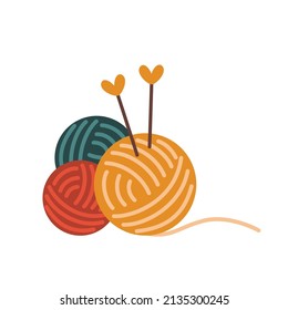 Colorful balls of yarn with knitting needles. Vector flat illustration, isolated, cartoon.