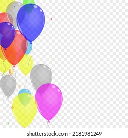 Colorful Baloon Background Transparent Vector. Confetti Congratulation Frame. Pink Streamers. Purple Balloon. Air Glitter Border.