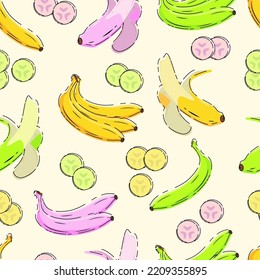 Colorful banana fruit seamless pattern. Flat vector design of fruit background. Fresh slices banana.