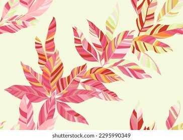 Colorful banana leafage seamless wallpaper design. Bright botanical summer dress tissue print. Paradise tree branch leaves repeat pattern. Tropical plant elements.