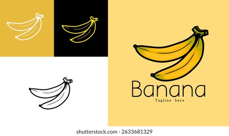 Colorful banana logo design with outline and flat versions. Great for fruit branding, food packaging, healthy snacks, or organic product labels.