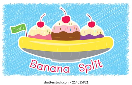 Colorful banana split with blue background.