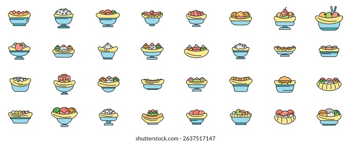 Colorful banana split icons depict diverse toppings and serving styles, capturing the essence of this beloved dessert