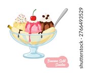 Colorful banana split sundae with cherry and whipped cream