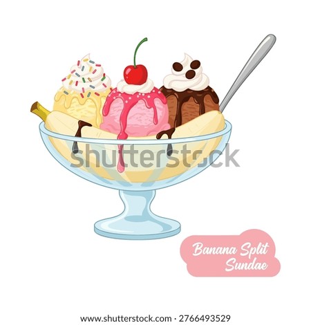 Colorful banana split sundae with cherry and whipped cream