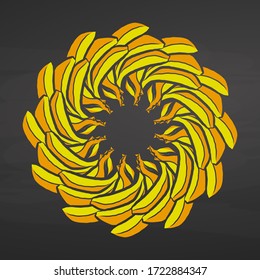 Colorful bananas arranged in a circle. Seamless round composition with hand drawn fruits. Vector illustration on blackboard.