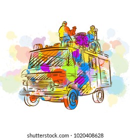 Colorful Band Open Air Truck. Hand Drawn Vector Illustration, Splatter Color Isolated on White Background. Creative  Communication Concept.