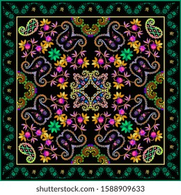 Colorful bandana print with beautiful floral ornament. Silk square scarf. Fashion design. Pillowcase, napkin. 